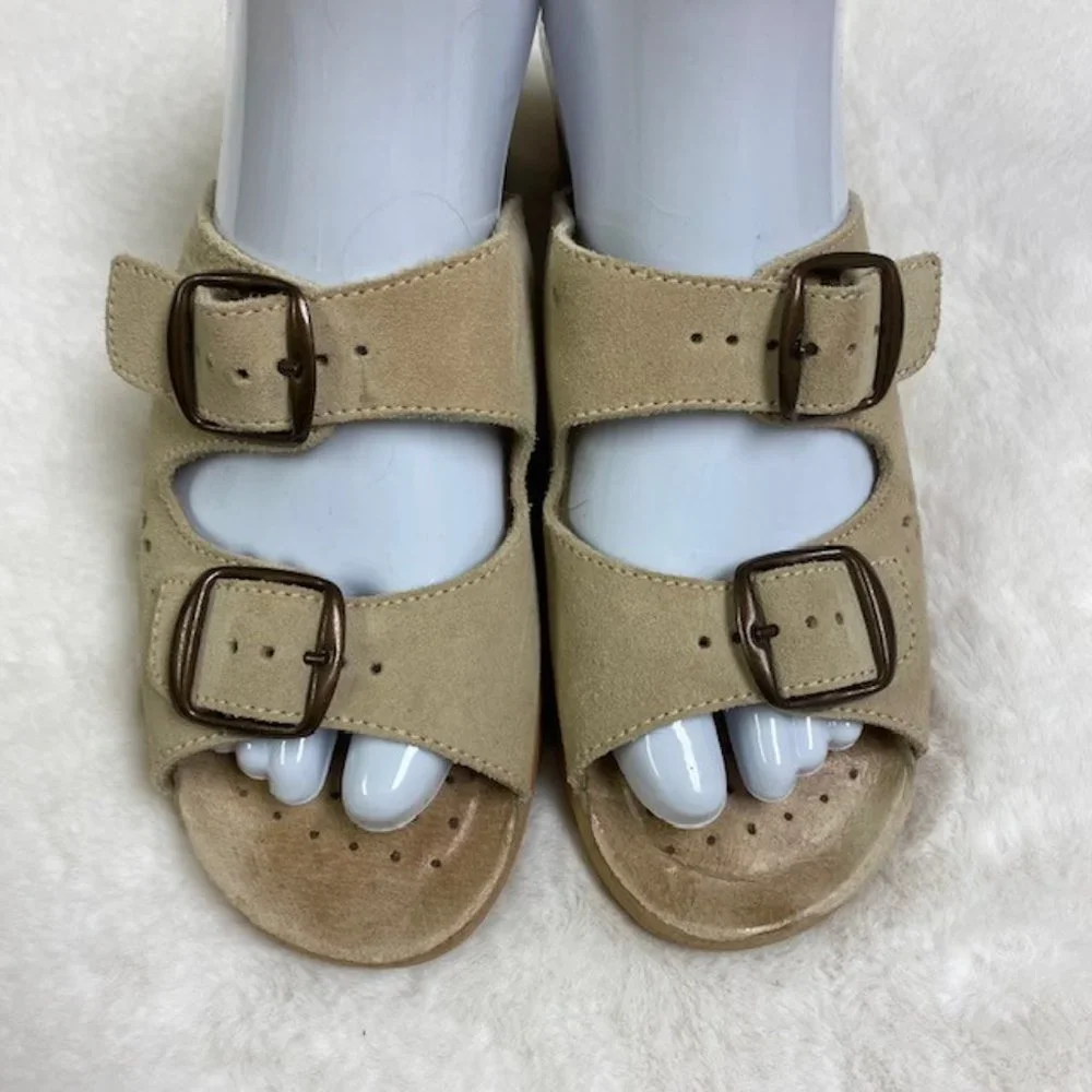 Fly Flot Tan Suede Double‎ Buckle Slip On Wedge Sandals US 5 EU 36